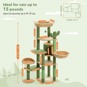 Cactus Tall Cat Tree for Large Cat Multi-Level Cat Tower for Indoor Cats Cat Condo with Large Hammock Scratching Post 2 Perches