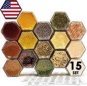 15 Set Magnetic Spice Jars for Refrigerator Hexagon Glass Spice Jars with Magnetic Lids, Shaker, Spice Labels, Magnetic Glass Spice Containers for RV Travel Trailer Kitchen Fridge Cabinet Wall Mount