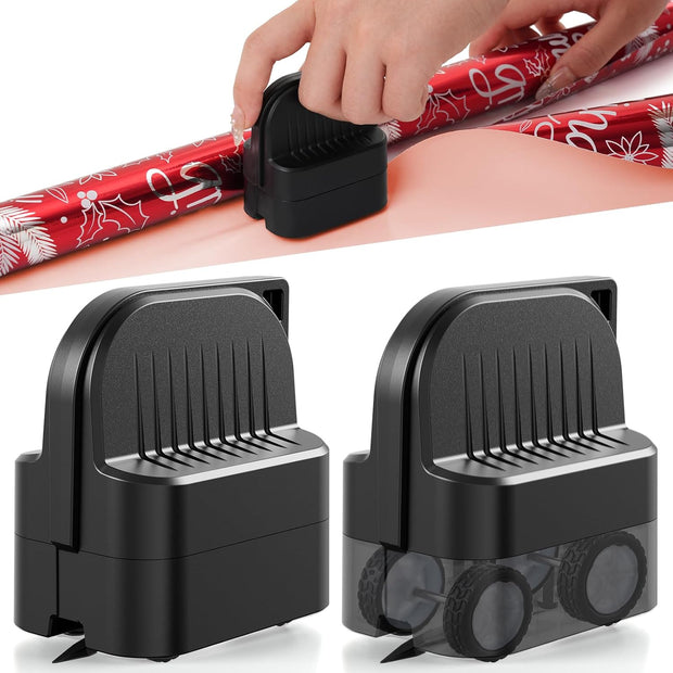 LIZAAL 2-Pack Wrapping Paper Cutter with Wheels | Straight Line Gift Wrap Cutter for Birthday and Christmas, Fits Various Rolls and Papers, Includes 2 Replaceable Blades (Black & Red)