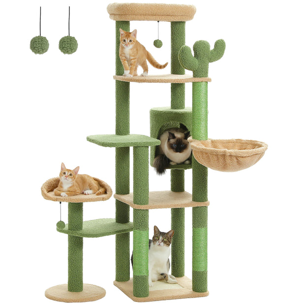 Cactus Tall Cat Tree for Large Cat Multi-Level Cat Tower for Indoor Cats Cat Condo with Large Hammock Scratching Post 2 Perches